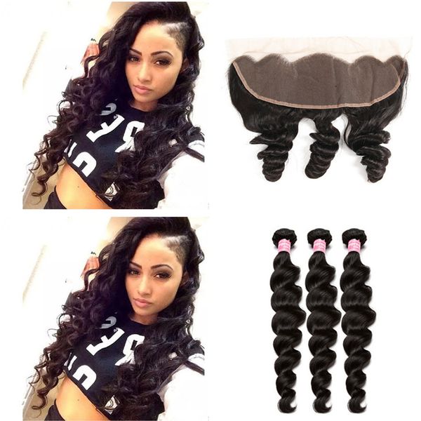 

remy brazilian loose deep with lace frontal closure 13*4 ear to ear human hair bundles with lace frontal for salon, Black;brown