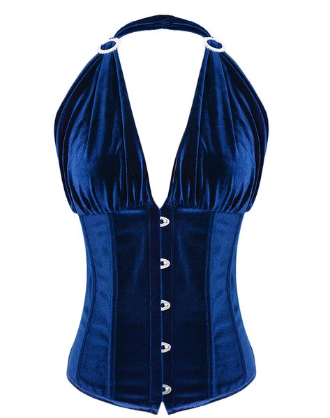 High quality velvet fabric deep blue halter corset features front busk closure lace-up back for cinching Sexy Lingerie C8454