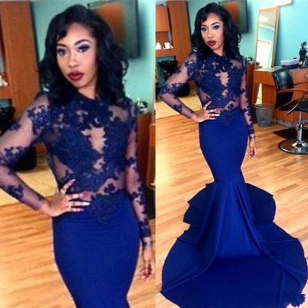 

sweep train elastic silk like satin high neck long sleeves prom dresses black girl open back mermaid evening dress, Black;red