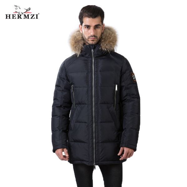 

hermzi 2018 winter coat men parka cotton padded coat winter jackets mens parkas raccoon fur long winterjas heren, Black