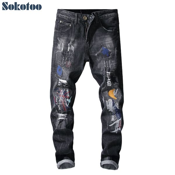 

sokotoo men's black patches embroidery slim fit denim jeans fashion casual holes ripped straight pants, Blue