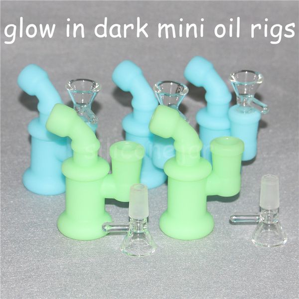 Glow in Dark Culows Mini Bubbler Bong Силиконовые нефтяные буровые установки Стеклянные бонги 5 мл кремниевых контейнеров