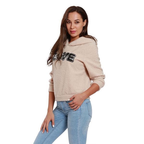 

autumn winter new warm solid color casual women's hooded sweatshirt jumper pullover hoody coat letter love women's plush sweater c, Black