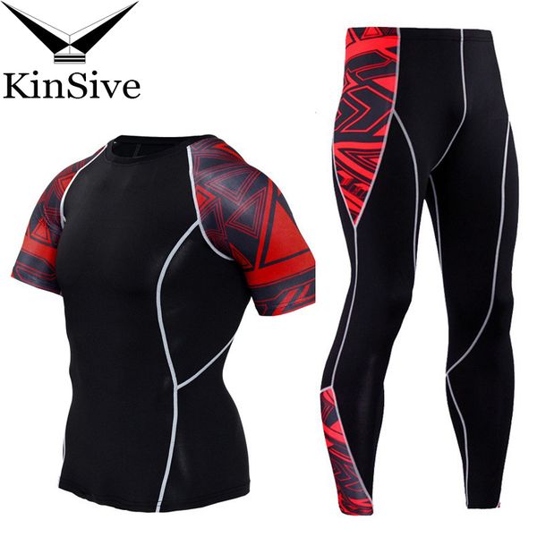 

2018 fashion quick dry fitness leggings tight jogger tracksuit set men compression short sleeve t-shirt and pants track suit, Gray