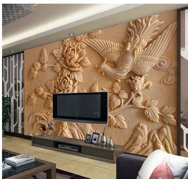 

chinese three-dimensional relief phoenix peony mural tv background wall