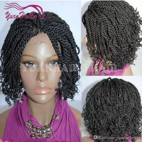 

short kinky twist wigs synthetic hair full hand tied senegalese twist lace front wig curly tips african americans, Black