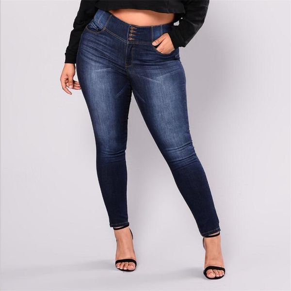 

2018 new for women dark blue high waist loose dedicated fat mm pencil cotton personality buttons jeans europe plus size l-5xl