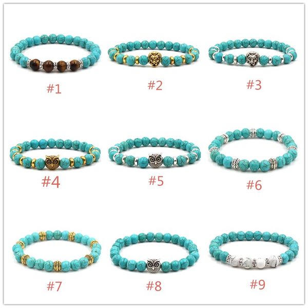 

мода 9styles серебряный позолоченный 8 мм натуральный камень браслет бирюзовый сова браслет для женщин мужчин, Golden;silver