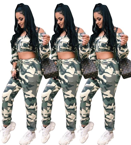 

women fashion off shoulder green camouflage two pieces set midriff long sleeve crop and high waist slim long pants q148, White