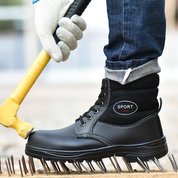 

super big size 46 47 mens fashion winter warm plush steel toe caps work safety cotton shoes platform ankle snow security boots, Black