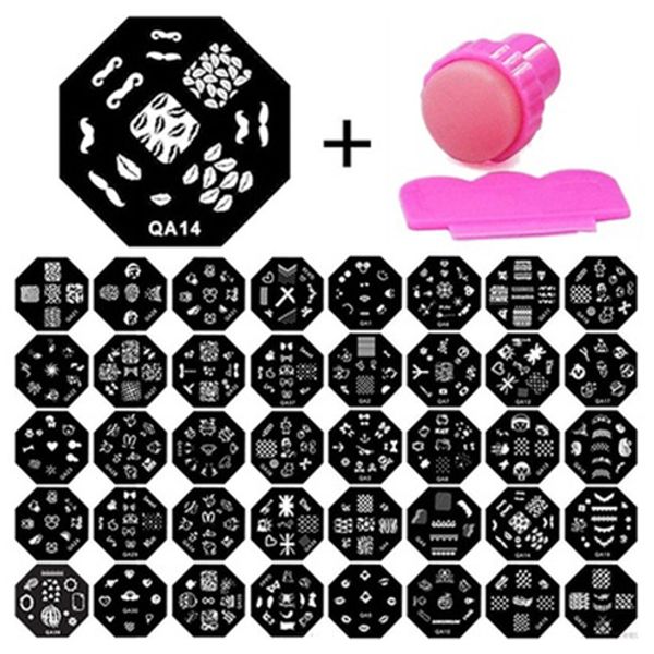 

hhff nails beauty tool manicure template nail art printing image polish stamp plate scraper stamper kit (black+pink, White