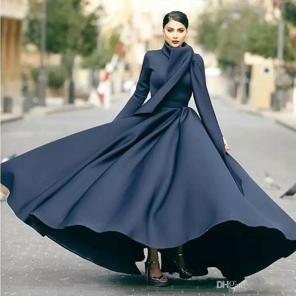 Simple Black A Line Muslim Prom Dresses With Wrap High Neck Long
