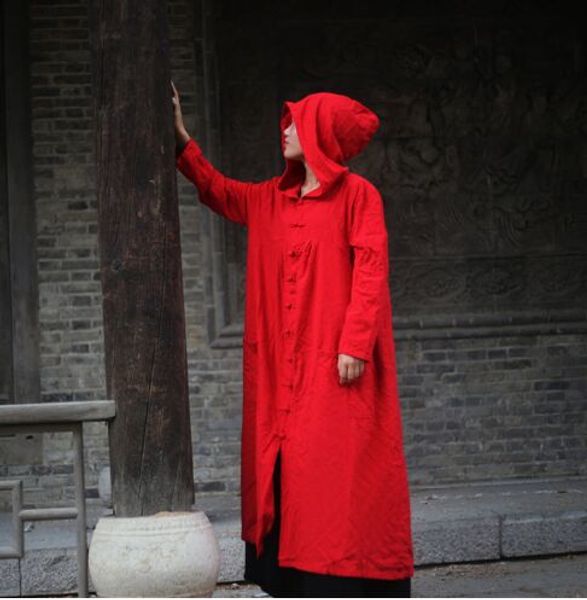 

2017 autumn women 5colors cotton linen hooded trench coat lady chinese buttons long sleeve plus size loose vintage long outwear, Tan;black