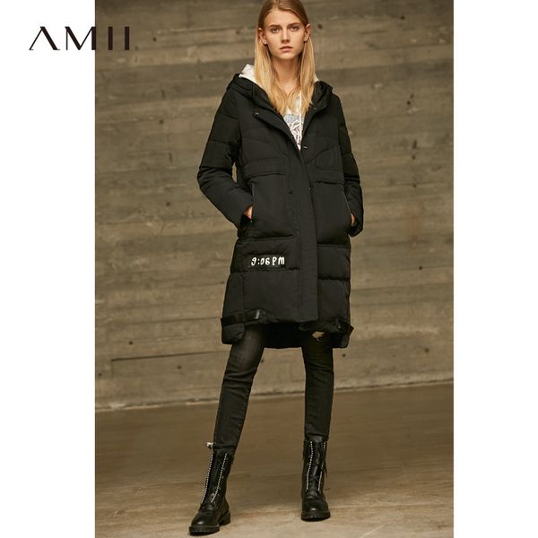 

amii minimalist hooded long down jackets women winter thick 2018 causal solid spliced 90% white duck down coat, Black