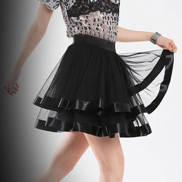 

elexs 4 layers tulle skirts women's black tulle skirt elastic high waist pleated mini party skirt e8721