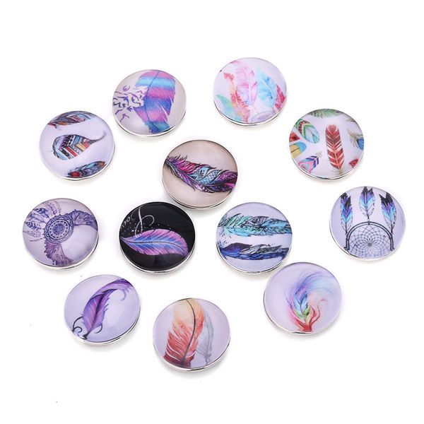 

whole sale10pcs/lot colourful feather snap buttons printing glass buttons jewelry fit 18/20mm diy snap bracelet jewelry making, Golden;silver