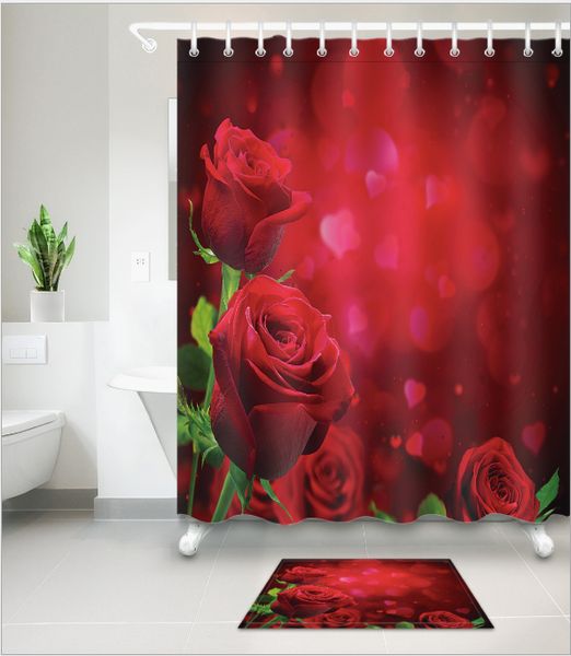 

red rose love pattern 3d print custom waterproof bathroom modern shower curtain polyester fabric bathroom curtain door mat sets