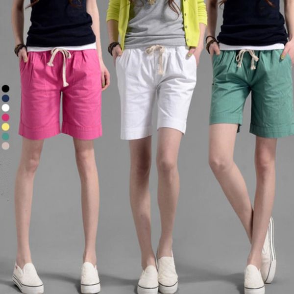 

2016 summer women candy color shorts elastic waist casual cotton linen short pants plus size, White;black