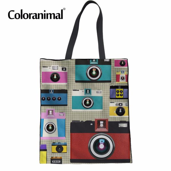 

coloranimal women's foldable handbags fashion casual canvas reuable cotton tote bag camera print girl school bag shopper new