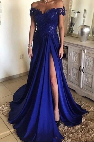 

2018 royal blue satin off the shoulder appliques long evening dresses lace split formal party red carpet prom dresses custom made, Black;red