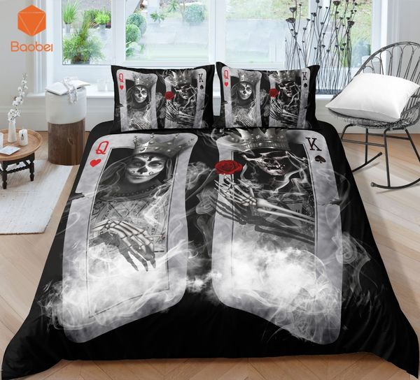 

3pcs 3d skull playing cards qk bedding set with pillowcases duvet cover quilt cover for kids  king sizes bedspreads sj234