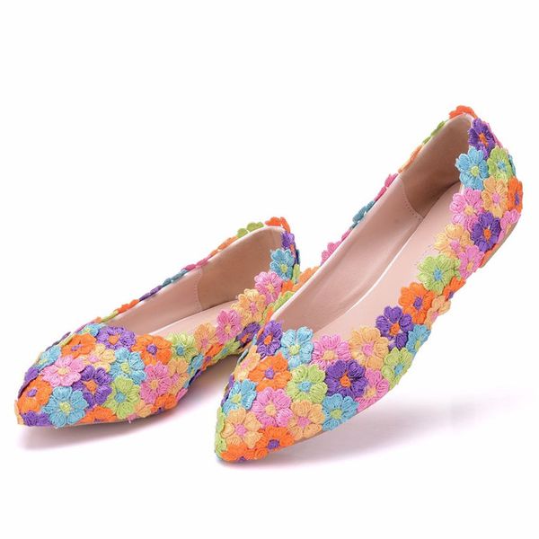 

new fashion beautiful women flats multi flowers pointed toe flat lace wedding shoes plus size, Black