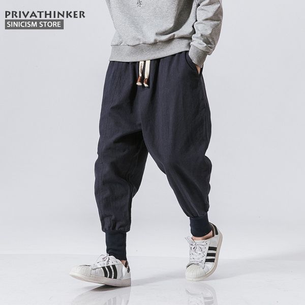 

sinicism store japanese casual cotton linen trouser male harem pant men ankle banded jogger pant chinese traditional clothe, Black