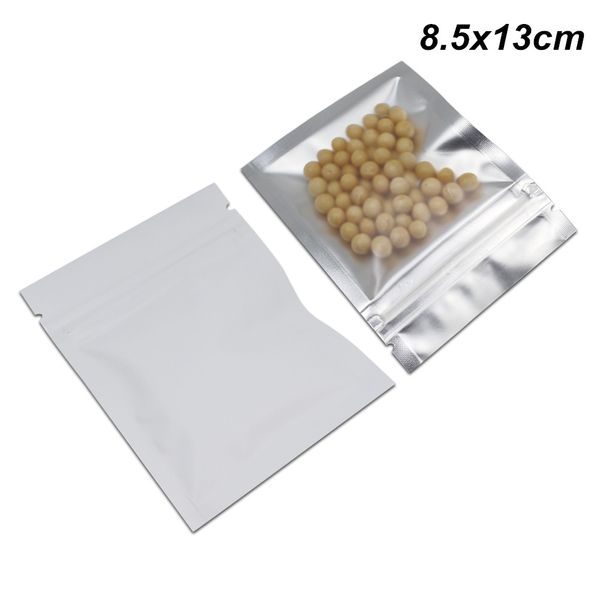 

100шт лот 8.5x13cm белая алюминиевая фольга передняя ясно zip lock пищевой клапан упаковка пакет сумки для кофе чай многоразовые майларовая