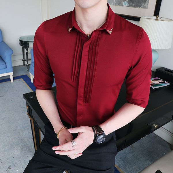 

new men shirt pleated wedding shirt black white wine red slim fit solid tuxedo dress gold camisas para hombre men, White;black