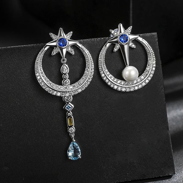 

fashion jewelry circle star earrings 925 sterling silver needle personality asymmetrical earring 2018 for women new, Golden;silver