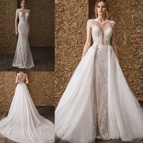 

nurit курица 2018 overskirts русалка свадебные платья открыть спинки кружева аппликация дубай арабский сексуальный сад церковь свадебные пла, White