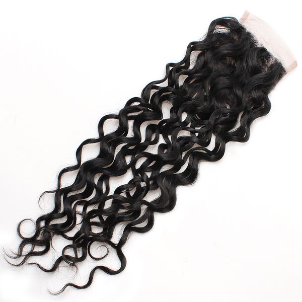 

8a water wave closure 4*4 swiss lace closure 1bundle virgin human hair brazilian peruvian malaysian indian hair middle three part, Black;brown