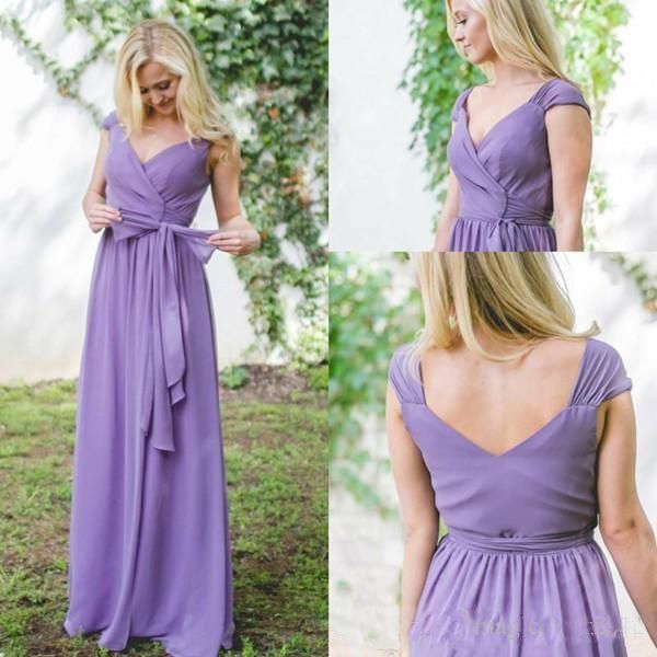 

2018 Purple Country Bridesmaid Dresses A Line V Neck Floor Length Chiffon Backless Reception Party Gowns Custom Made