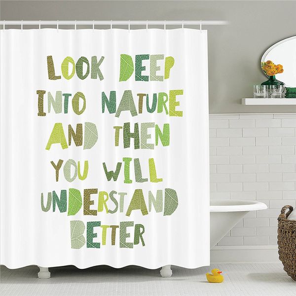 

quotes decor shower curtain set "look deep into nature and then you will understand everything better" leaf cut letters bathroom