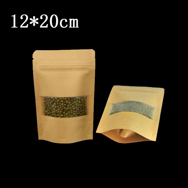 

50pcs/lot 12*20cm stand up brown zip lock kraft paper bag with matte clear window food moisture proof storage zipper craft paper pouch bags