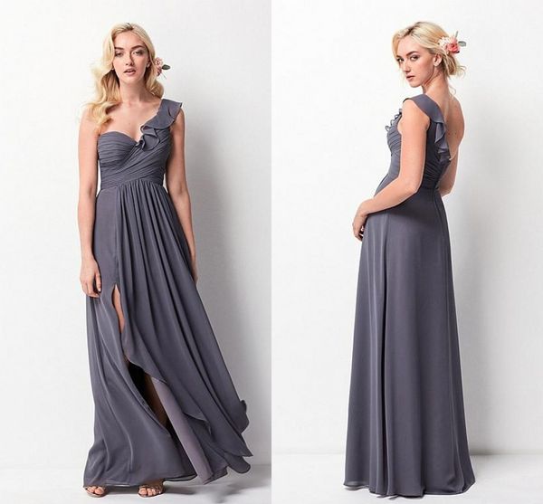 2018 Primavera Flowy Cinza Vestidos de Dama de Honra Um Ombro Plissado Chiffon Dividir Andar de Comprimento Lateral Backless Vestidos de Festa de Casamento