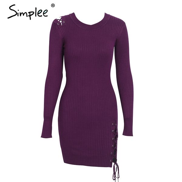 

casual lace up skinny knitted sweater dress women elegant split pull knit winter dress 2018 autumn jumper vintage pullover, Black;gray