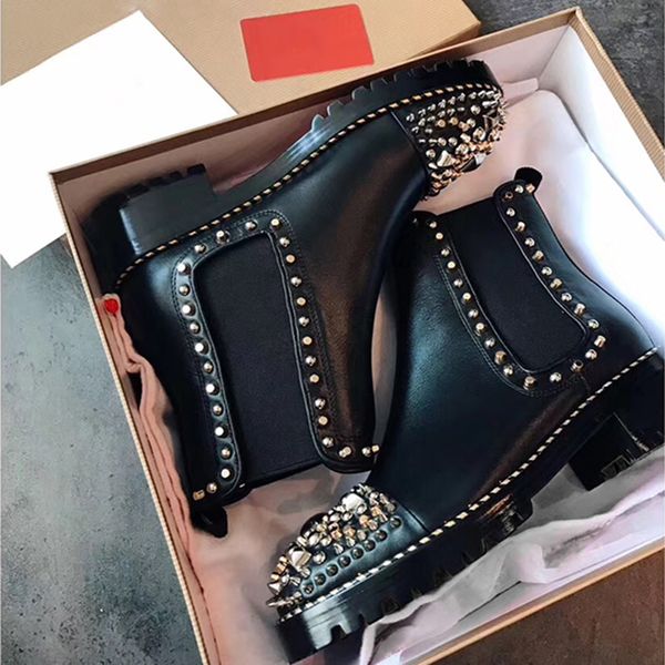 

Unique Designer Fashion Red Bottom Heels Genuine Leather woman ankle booties Brand Flat Ankle Boots Winter Casual spikes Party women boots