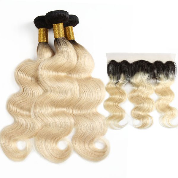 

ombre 1b 613 blonde bundles with frontal brazilian virgin body wave hair bundles with frontal closures remy human hair weave hair extensions, Black