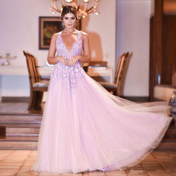 

Charming A Line Prom Dresses Deep V Neck Lace Appliques Evening Gowns Hollow Back Tulle Floor Length Formal Party Dress Women Vestidos
