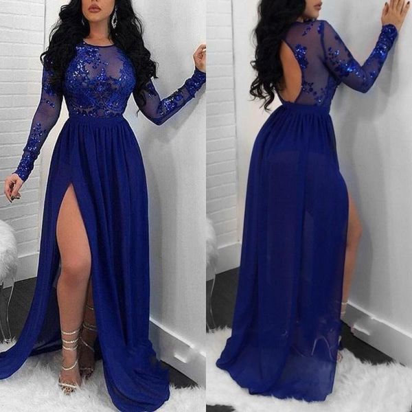

Sheer long leeve royal blue mermaid prom dre e 2019 new mermaid equin applique ide plit evening gown backle