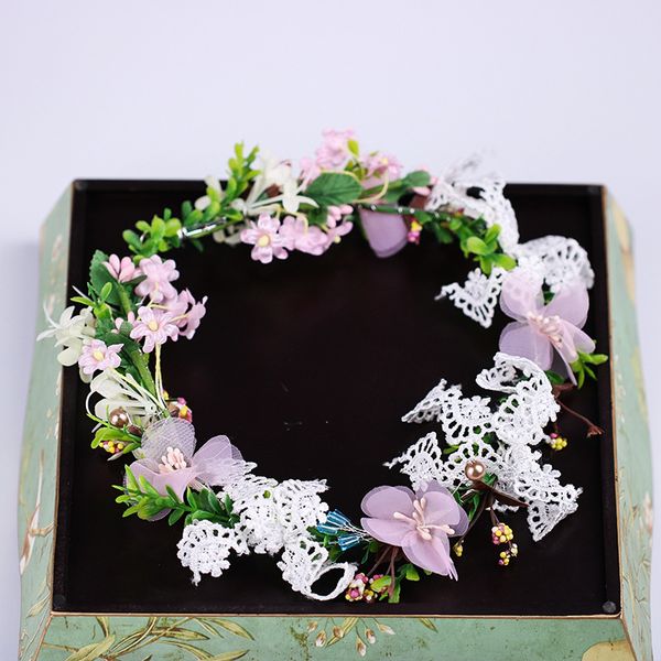 

romantic bridesmaid headdress women's lace flower wreath green leaf hair band wedding dress accessories headwear, Golden;white