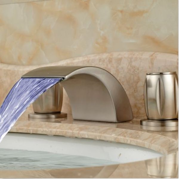 

widespread nickel brushed waterfall bathroom basin faucet 3 holes 2 handles tap
