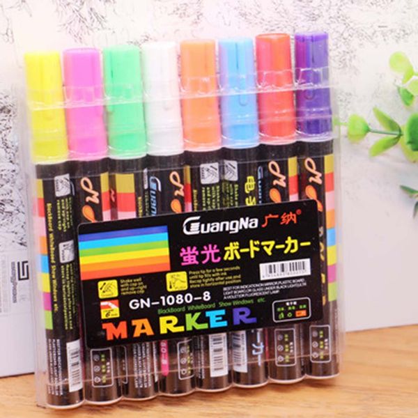 

flash color 8pcs/set 6mm reversible tip highlighter fluorescent liquid chalk marker pen for led writing fluorescent board pen, Black;red