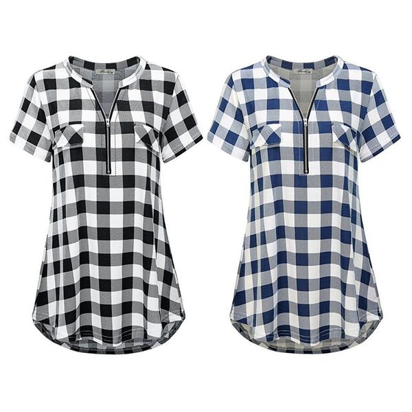 

2018 women's fashion plaid shirt summer female college student style short-sleeved zipper shirt large size cotton blusas bohemia, White