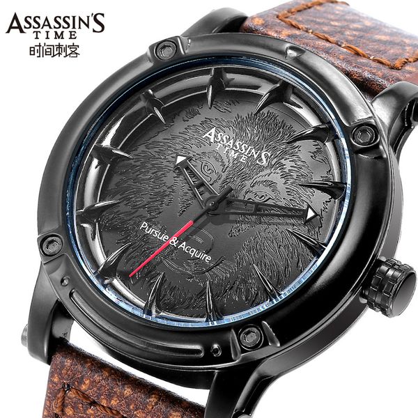 

assassin's time men's watch wolf japan quartz fashion homme hours retro punk genuine leather boy's birthday father's gif, Slivery;brown