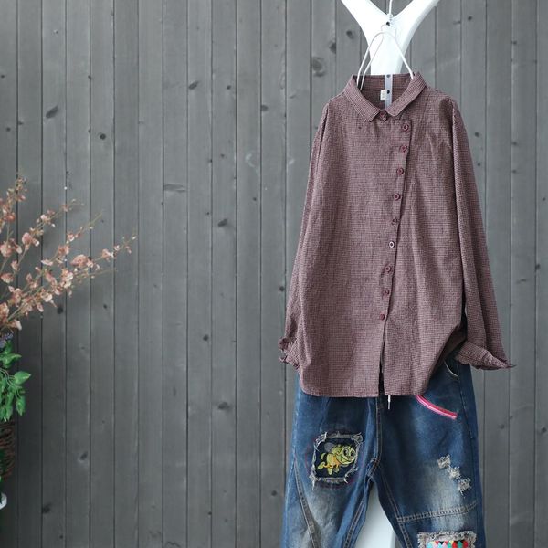

vintage thin plaid turn down collar slant frog button cotton linen shirt chinese classical artistic elegant loose shirts new, White