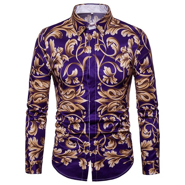 

luxury golden floral printed shirt men 2018 brand new mens slim fit long sleeve dress shirts baroque style casual chemise homme, White;black