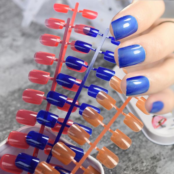 

candy color round square false nails clear pink nude blue orange red taro purple fake nail short smooth artificial nep nagels, Red;gold