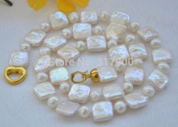

17" 12mm white square coin freshwater round pearl necklace, Silver